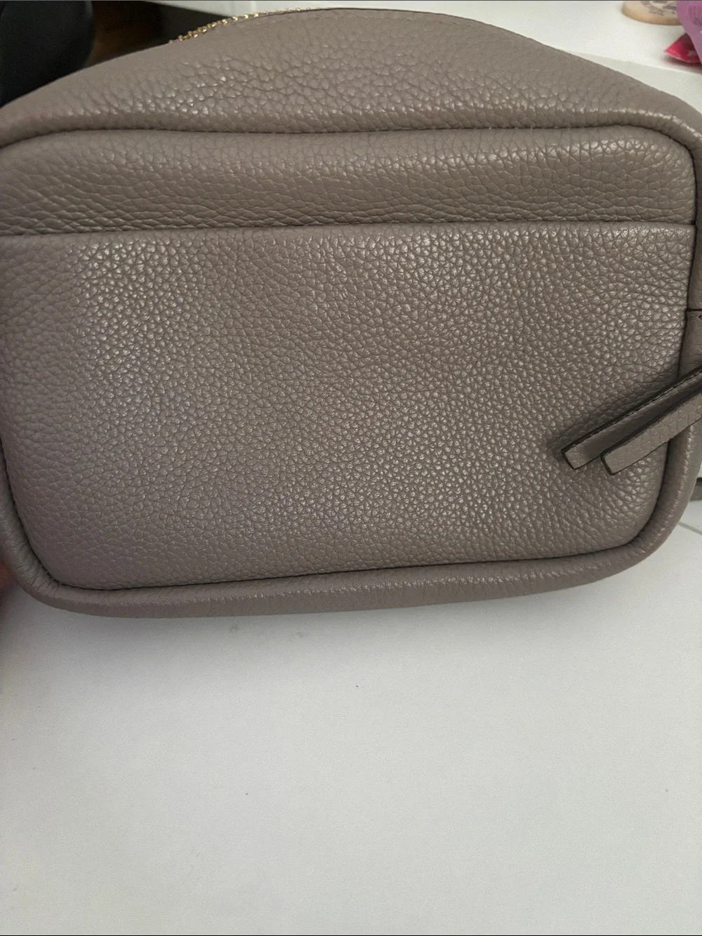 Tory Burch Pebbled Leather Pouch in Taupe with Gold Logo